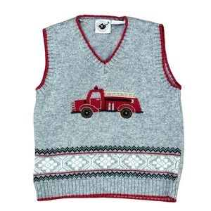 VTG 90's Good Lad Kids Gray V-Neck Fire Truck Sweater Vest Size 4/4